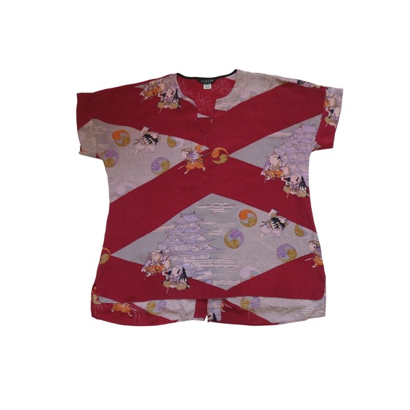 Citron Santa Monica Silk Tunic Top Asian Pagoda Print Button Back Womens L - Picture 1 of 5